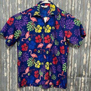 Alvish Hawaiian Shirt Colorful Pink Flamingos Button Up Polyester Mens Medium